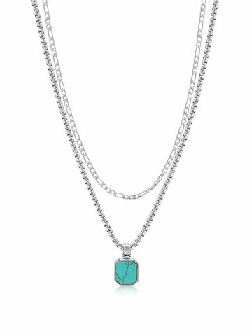 Nialaya Men's Necklace Silver Necklace Layer with 3mm Figaro Chain and Turquoise Square Necklace